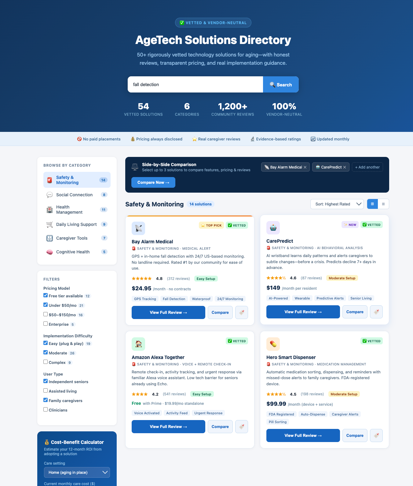 AgeTech Solutions Directory interface