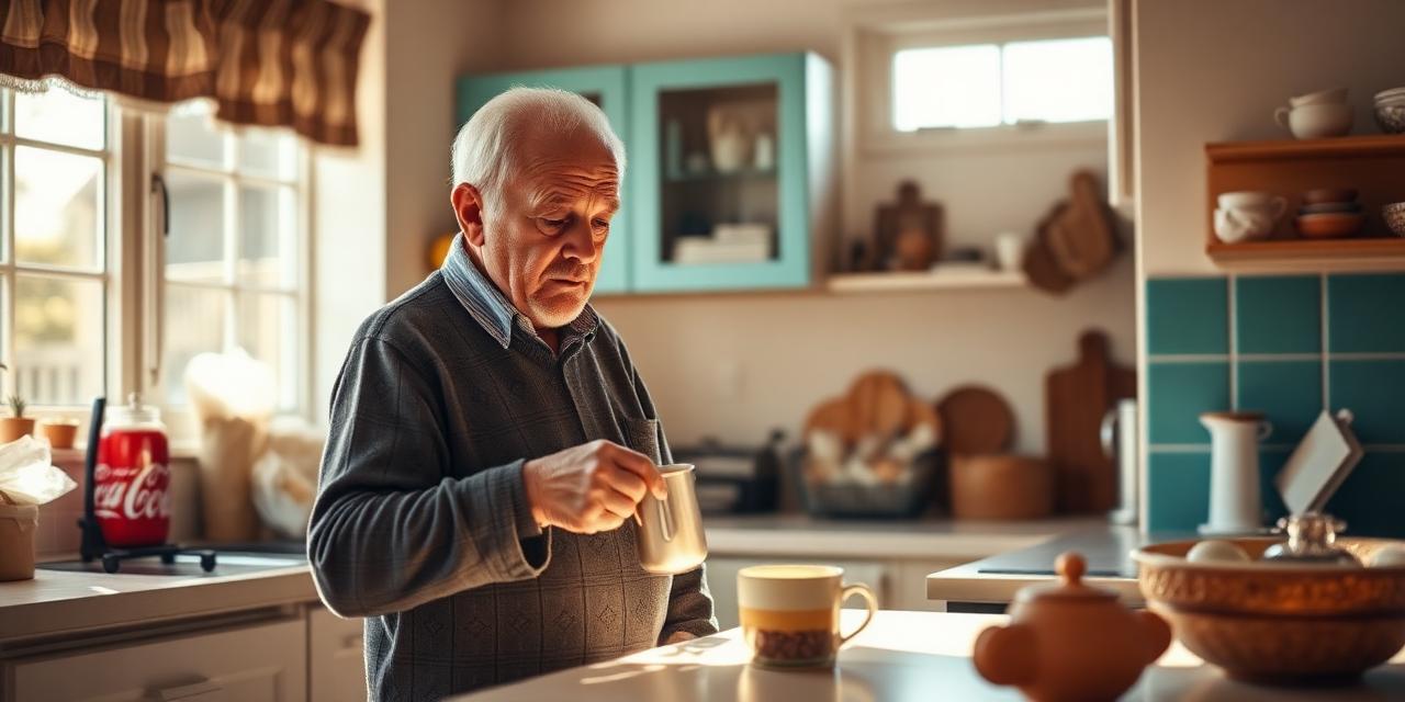 Older man making tea in a bright kitchen