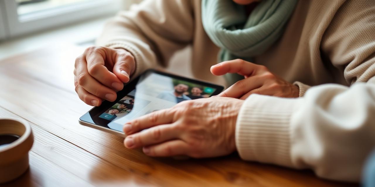 Older woman's hands holding a tablet showing family photos