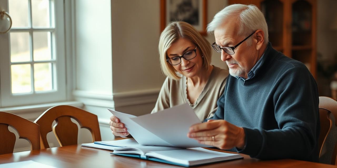 Adult daughter and her father reviewing paperwork together