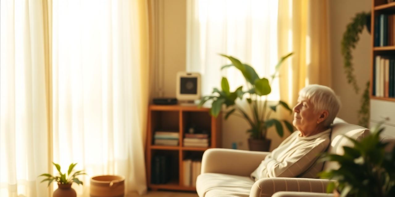 Sunlit living room with a discreet home sensor on a shelf