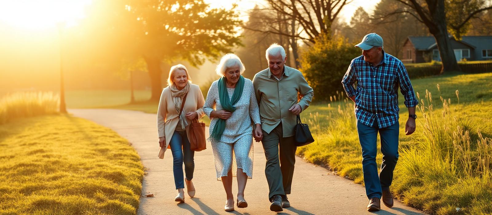 A family walking outdoors together with an older parent
